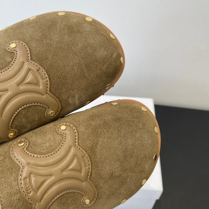CELINE 26S FUR-LINED MULES IN OLIVE GREEN SUEDE
