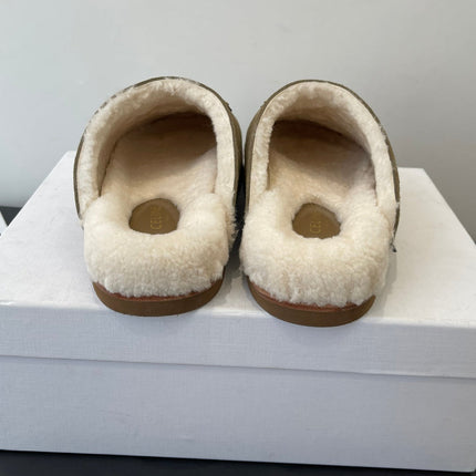 CELINE 26S FUR-LINED MULES IN OLIVE GREEN SUEDE