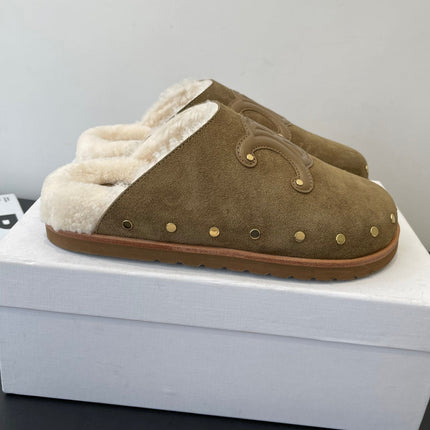 CELINE 26S FUR-LINED MULES IN OLIVE GREEN SUEDE