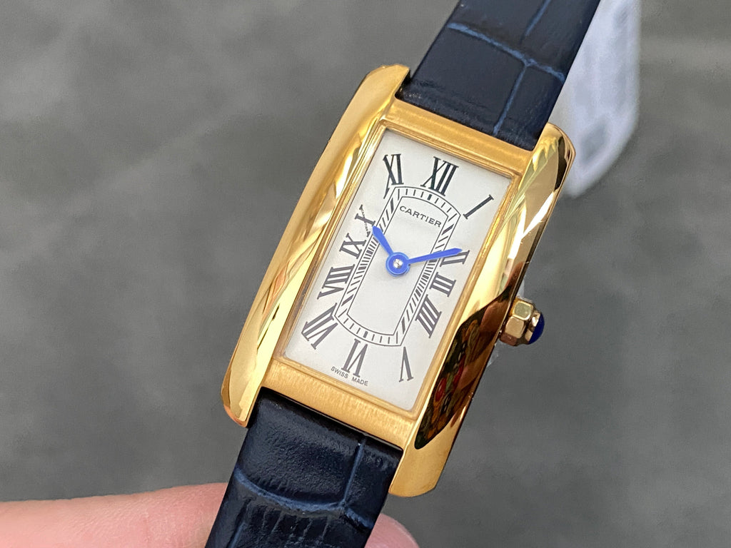 TANK AMÉRICAINE WATCH GOLD CASE WITH BLACK LEATHER STRAP