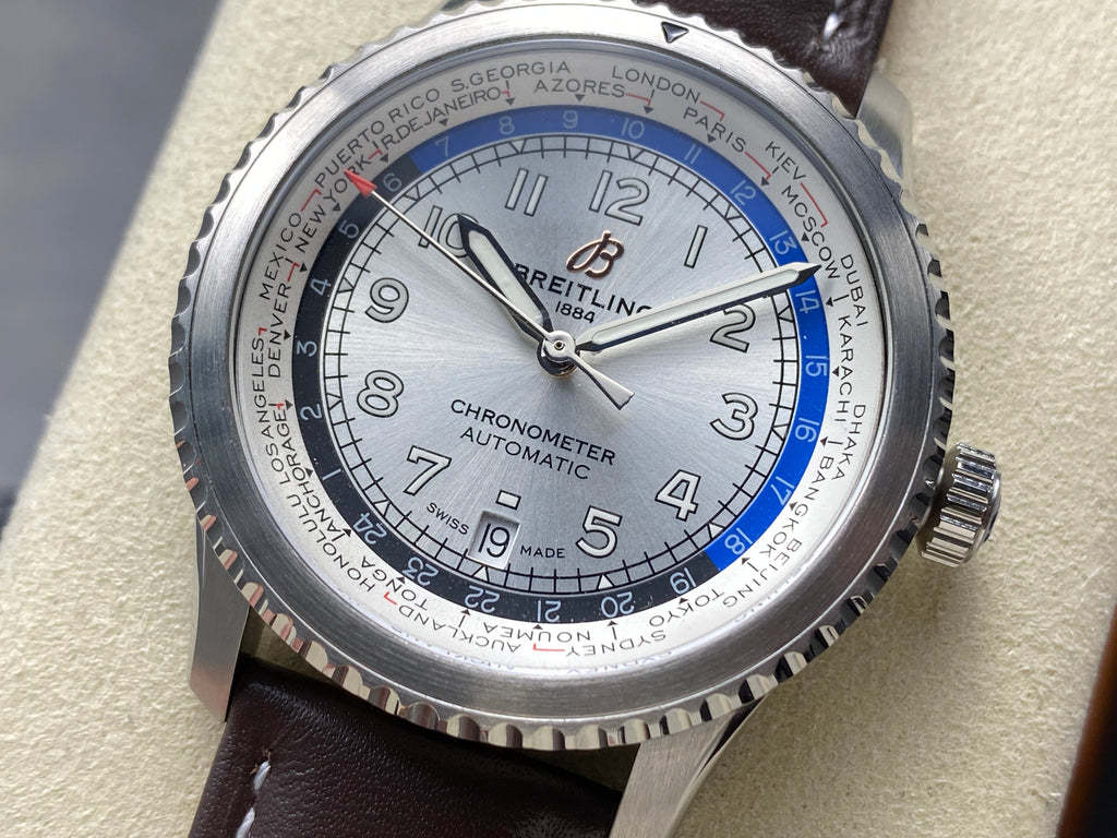 AVIATOR 8 AUTOMATIC STEEL CASE SILVER MIX BLACK BLUE DIAL BROWN CALFSKIN STRAP