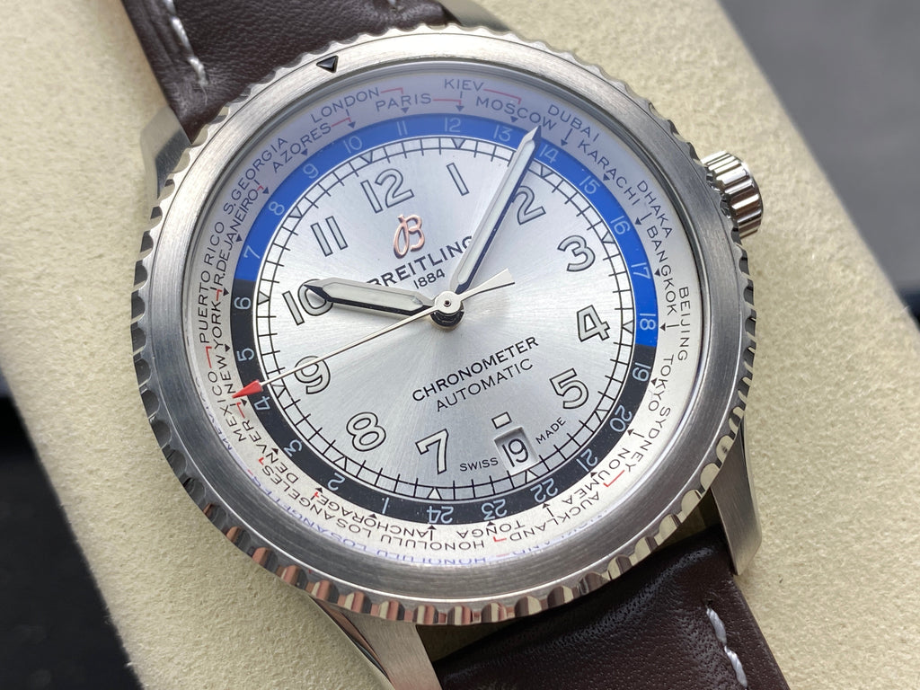 AVIATOR 8 AUTOMATIC STEEL CASE SILVER MIX BLACK BLUE DIAL BROWN CALFSKIN STRAP
