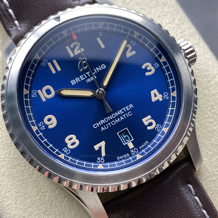AVIATOR 8 AUTOMATIC STEEL CASE BLUE DIAL BROWN CALFSKIN STRAP