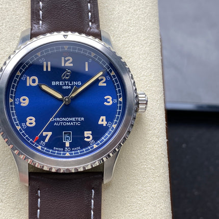AVIATOR 8 AUTOMATIC STEEL CASE BLUE DIAL BROWN CALFSKIN STRAP