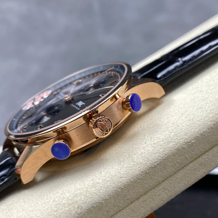 PORTUGIESER AUTOMATIC 40 MM WATCH ROSE GOLD CASE WITH BLACK LEATHER STRAP AND DIAL