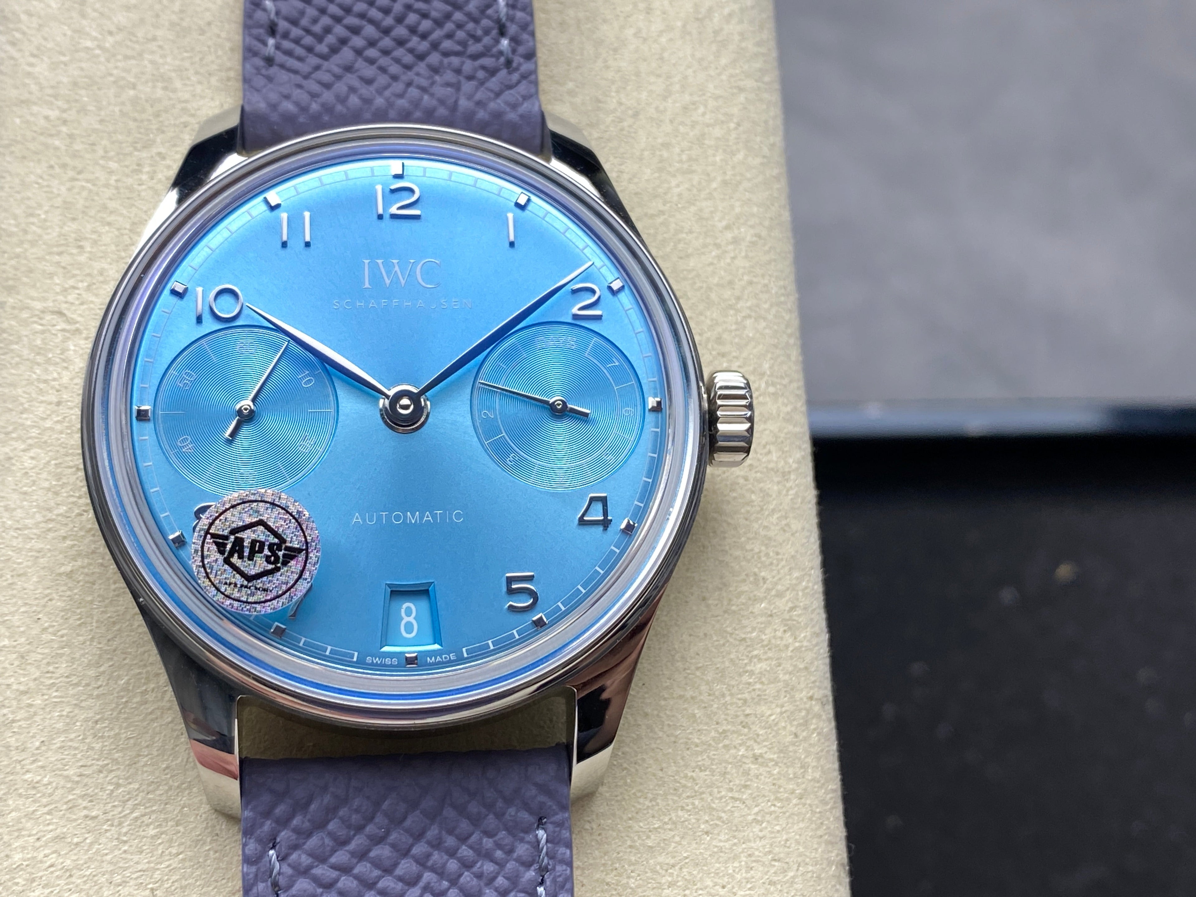 PORTUGIESER AUTOMATIC 42 WATCH SILVER CASE WITH NAVY BLUE LEATHER STRAP AND SAPPHIRE BLUE DIAL