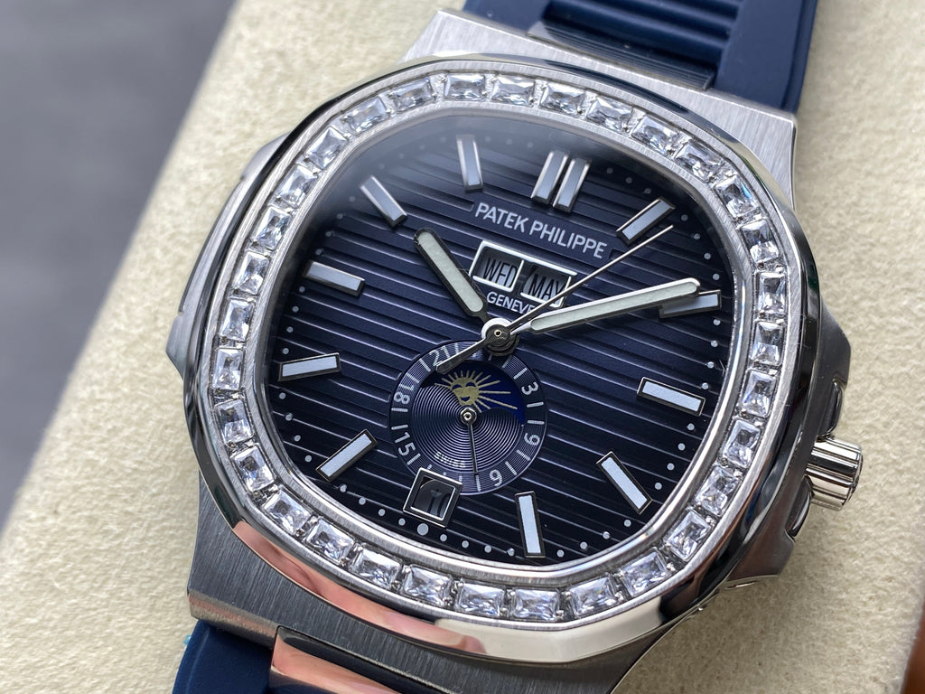 NAUTILUS STEEL ATTACHED DIAMOND BEZEL BLUE RUBBER STRAP