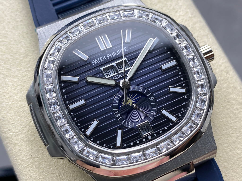 NAUTILUS STEEL ATTACHED DIAMOND BEZEL BLUE RUBBER STRAP