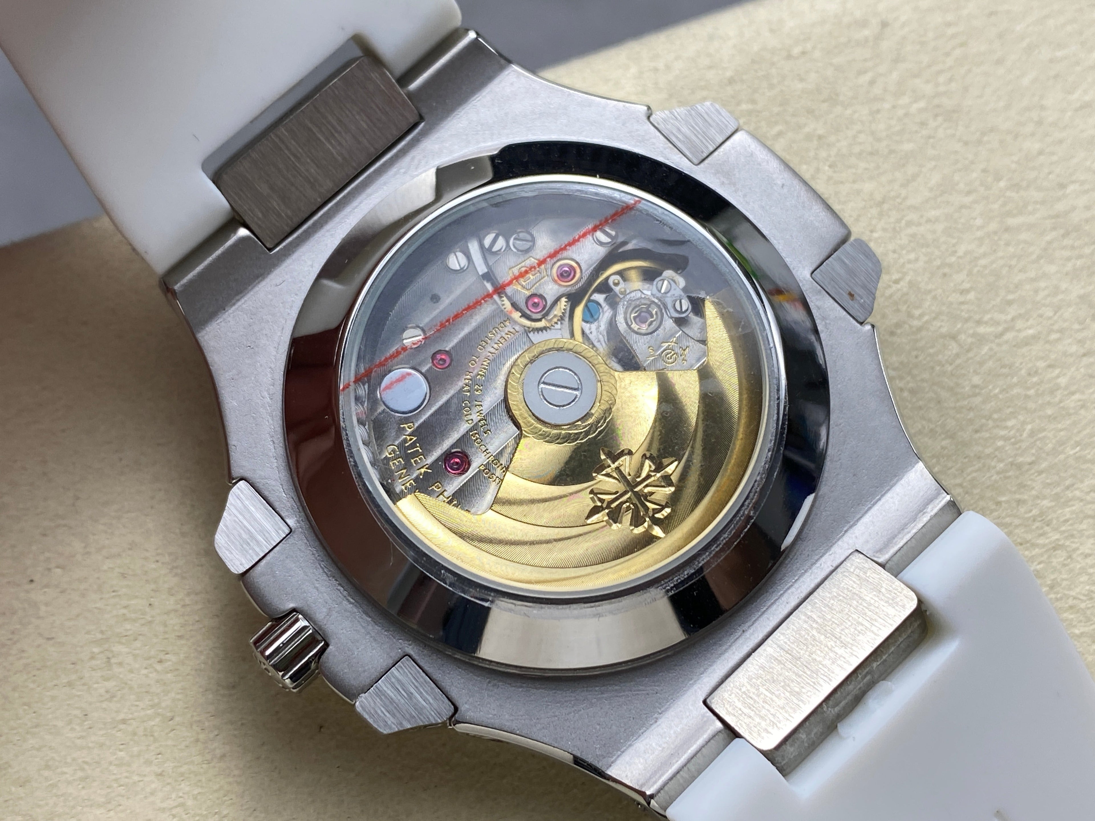 NAUTILUS STEEL ATTACHED DIAMOND BEZEL WHITE RUBBER STRAP
