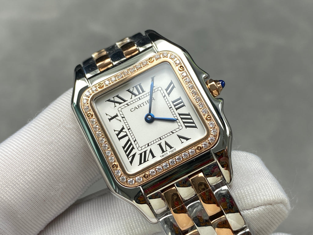 CARTIER PANTHÈRE MEDIUM WATCH GOLD PINK AND SILVER CASE WITH CRYSTALS