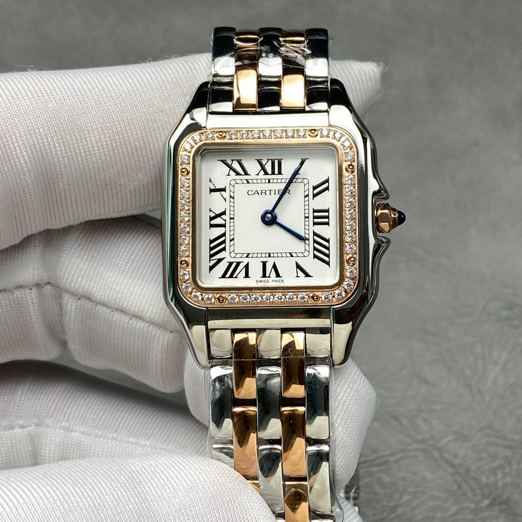 CARTIER PANTHÈRE MEDIUM WATCH GOLD PINK AND SILVER CASE WITH CRYSTALS