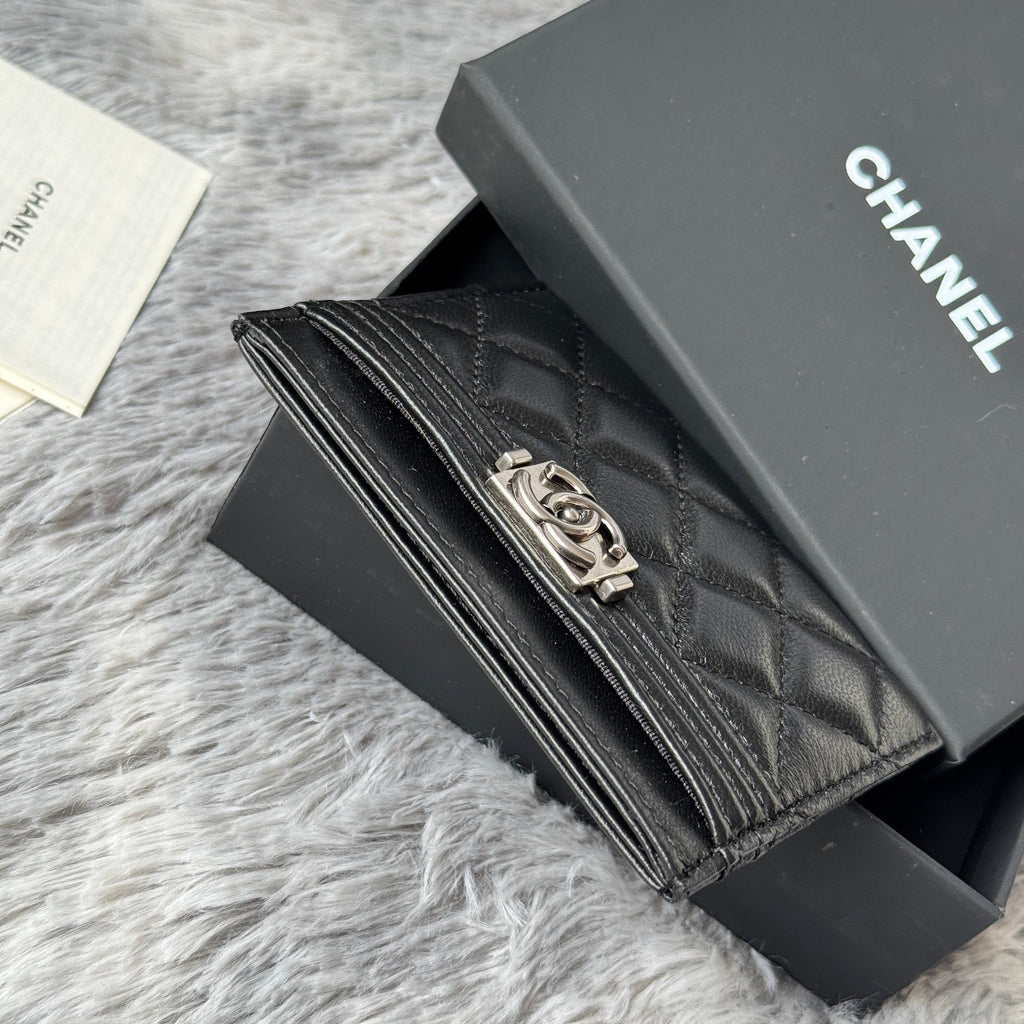 LEBOY CARD HOLDER 11 IN BLACK GRAINED CALFSKIN SILVER-TONE HARDWARE
