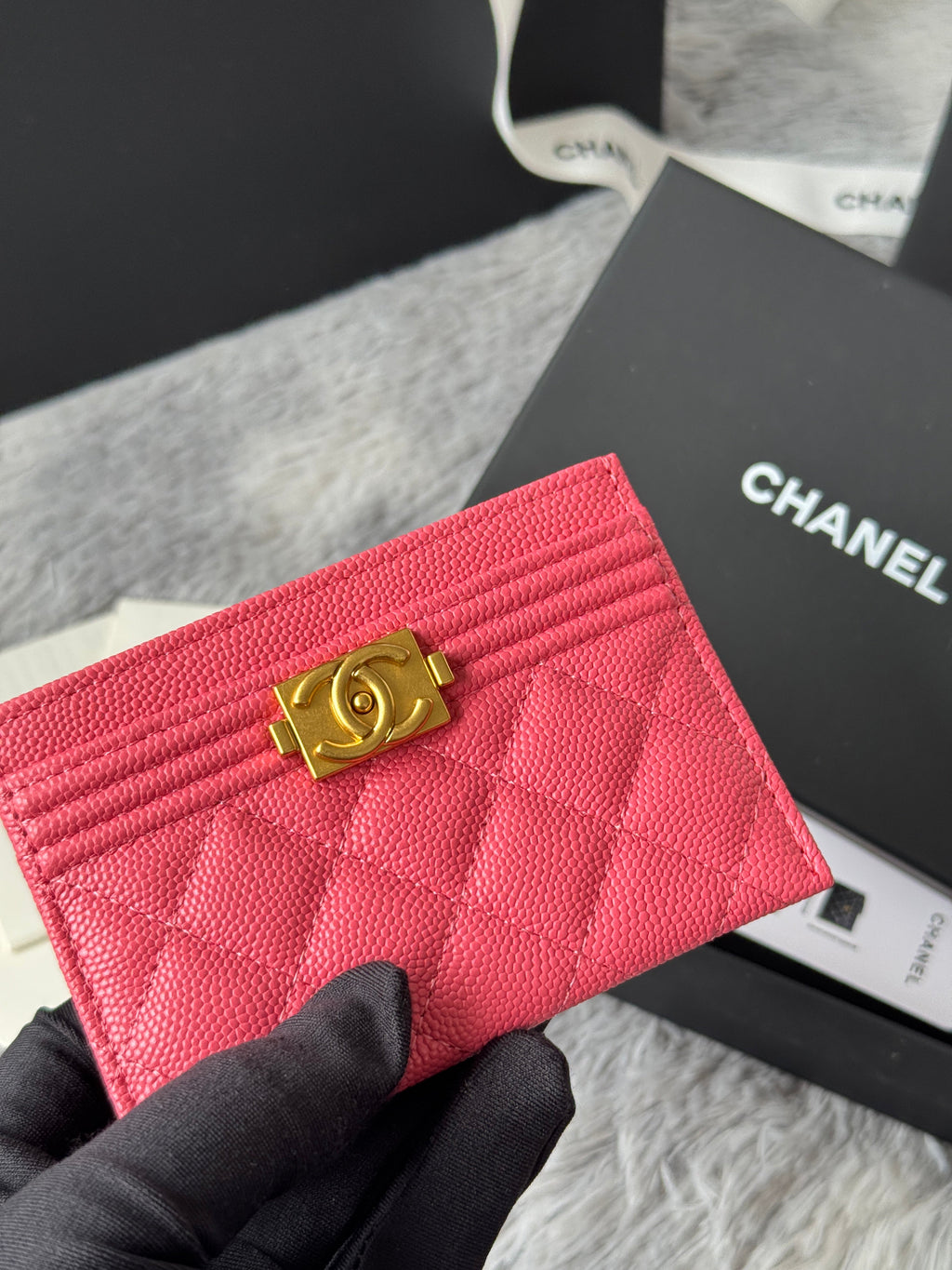 LEBOY CARD HOLDER 11 IN MANDY PINK GRAINED CALFSKIN GOLD-TONE HARDWARE
