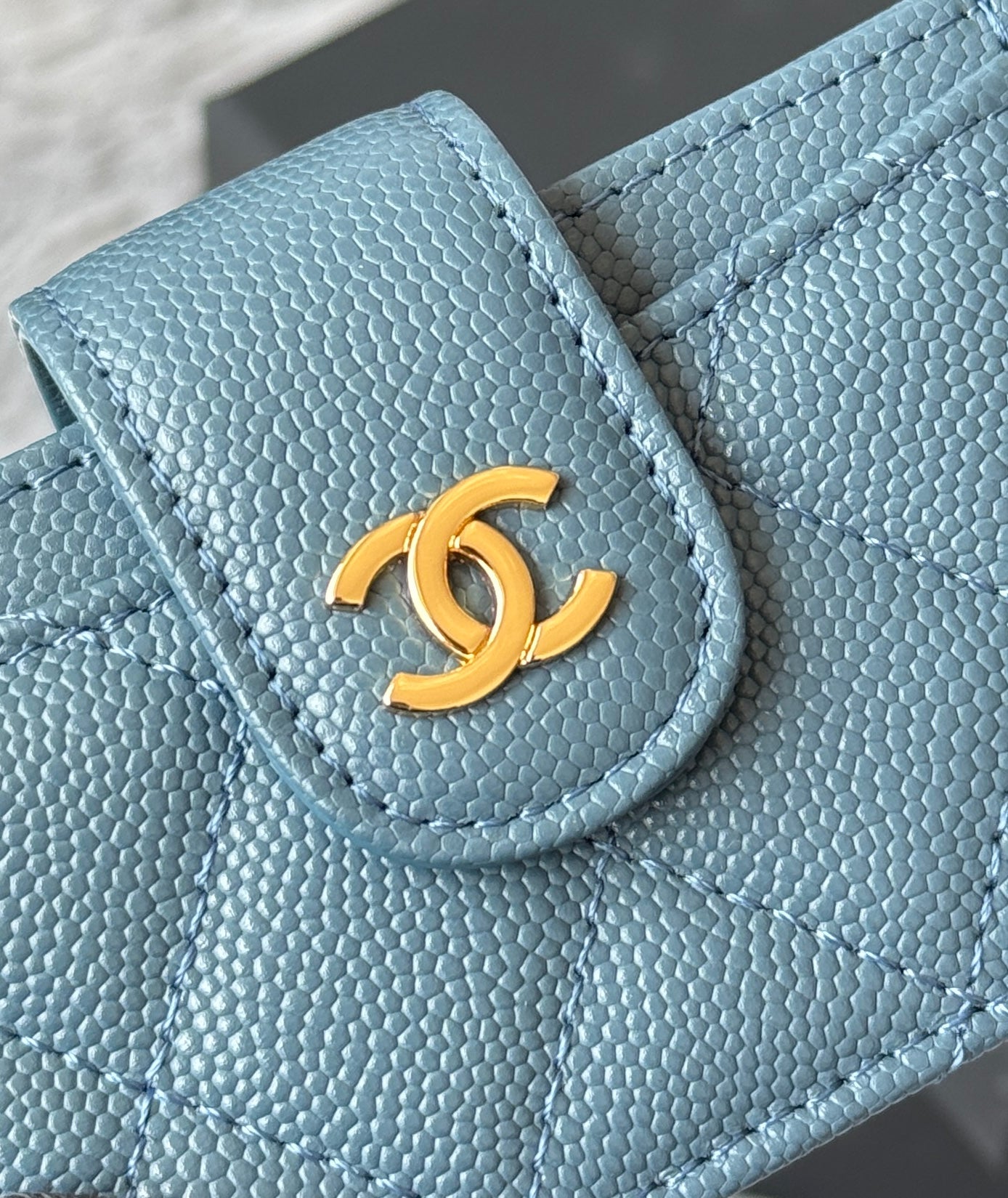CARD HOLDER 10 CIRCLE CLASP IN NEPAL BLUE CAVIAR LEATHER GOLD-TONE METALLIC