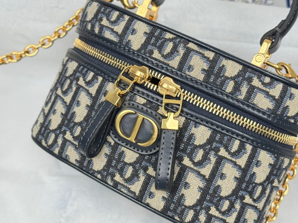DIOR 25S 30 MONTAIGNE MINI VANITY CASE 16 IN BLUE DIOR OBLIQUE JACQUARD CANVAS