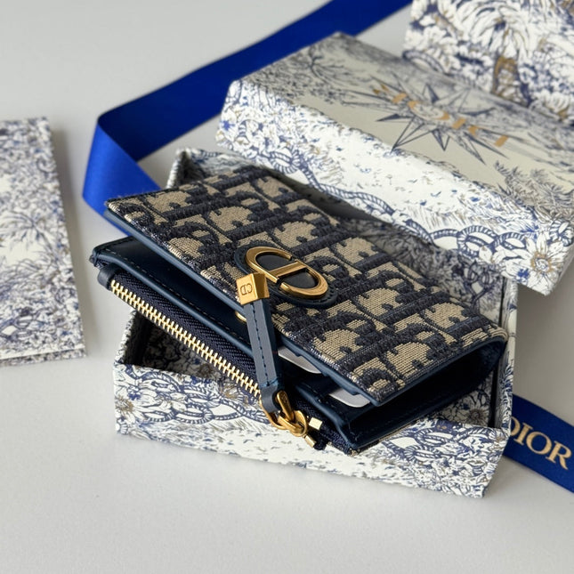 DIOR 25S 30 MONTAIGNE DAHLIA WALLET 11 IN BLUE DIOR OBLIQUE JACQUARD