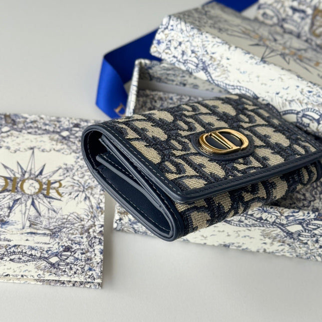DIOR 25S CARO CARD HOLDER 11 IN BLUE CALFSKIN AND CANVAS GOLD HARDWARE