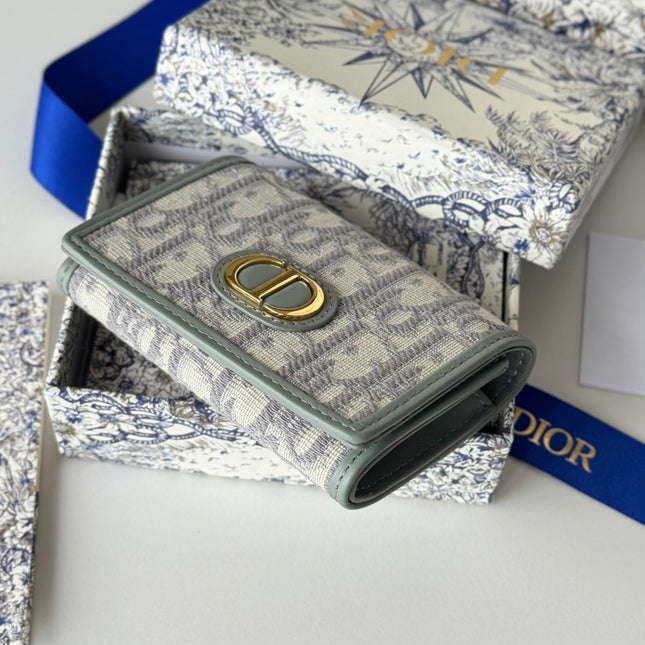 DIOR 25S CARO CARD HOLDER 11 IN GRAY CALFSKIN AND CANVAS GOLD HARDWARE