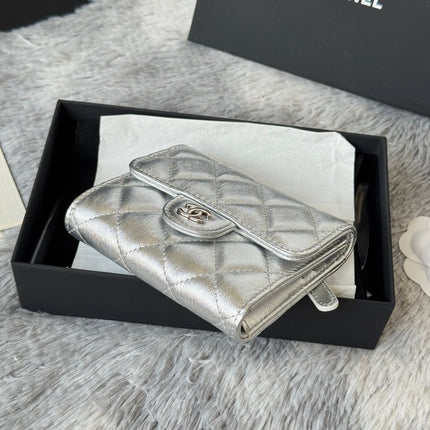 CHANEL 25S CF SMALL TRI FOLD WALLET 11 IN SILVER CAVIAR GOLD HARDWARE