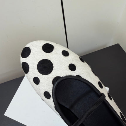 THE ROW 26S BALLET FLATS IN WHITE & BLACK POLKA DOT CALF HAIR CALFSKIN
