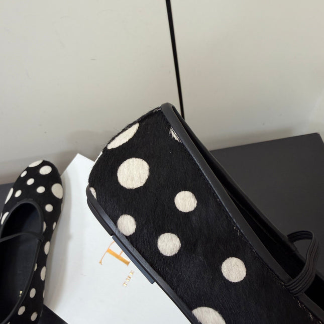 THE ROW 26S BALLET FLATS IN BLACK & WHITE POLKA DOT CALF HAIR CALFSKIN