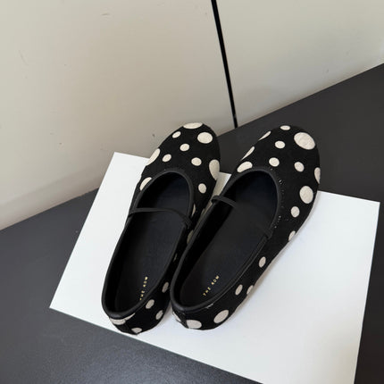 THE ROW 26S BALLET FLATS IN BLACK & WHITE POLKA DOT CALF HAIR CALFSKIN