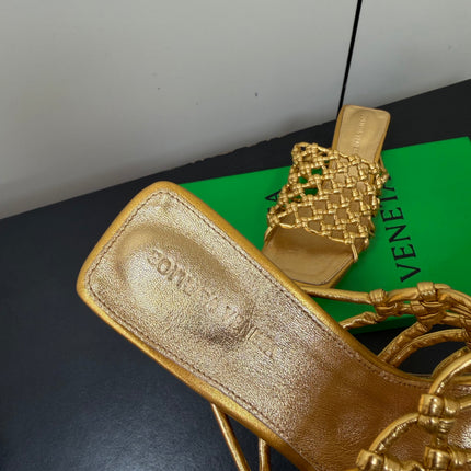 BOTTEGA VENETA 26S WOVEN STRAP HIGH-HEEL SANDALS 55 MM IN GOLD LAMBSKIN