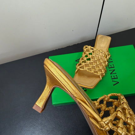 BOTTEGA VENETA 26S WOVEN STRAP HIGH-HEEL SANDALS 55 MM IN GOLD LAMBSKIN