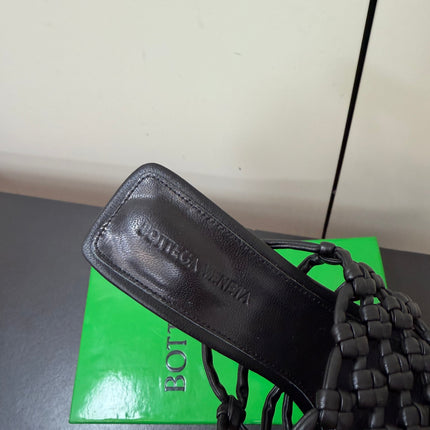 BOTTEGA VENETA 26S WOVEN STRAP HIGH-HEEL SANDALS 85 MM IN BLACK LAMBSKIN