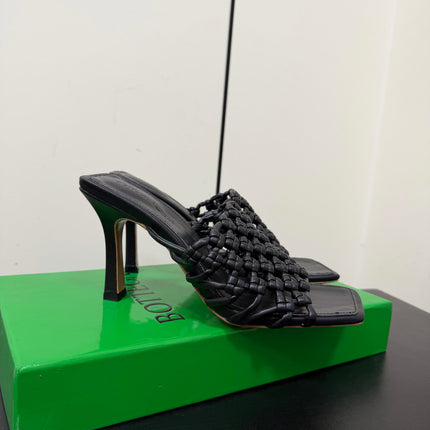 BOTTEGA VENETA 26S WOVEN STRAP HIGH-HEEL SANDALS 85 MM IN BLACK LAMBSKIN