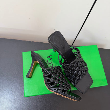 BOTTEGA VENETA 26S WOVEN STRAP HIGH-HEEL SANDALS 85 MM IN BLACK LAMBSKIN
