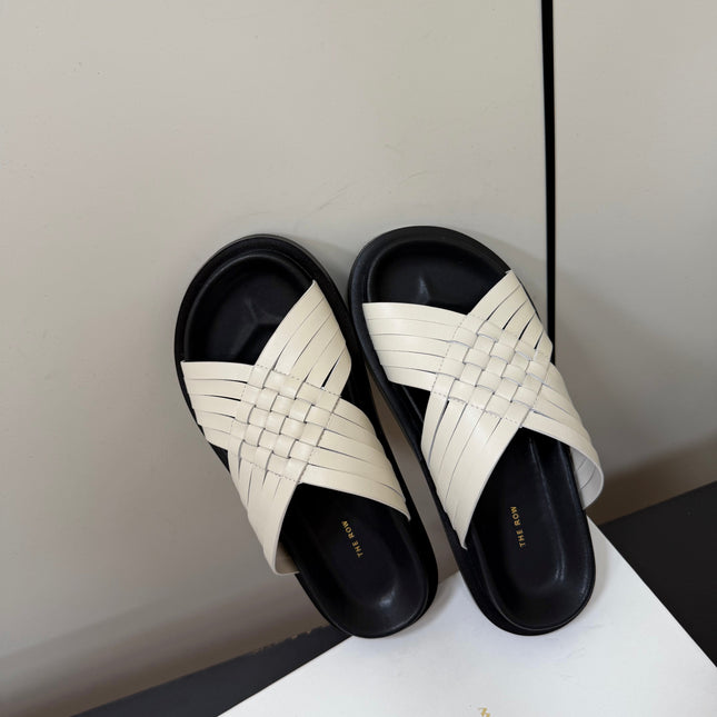THE ROW 26S CROSS STRAP SANDALS IN IVORY WHITE CALFSKIN