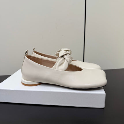 THE ROW 26S BALLET FLATS IN IVORY WHITE KNOT DETAIL CALFSKIN WITH SQUARE TOE