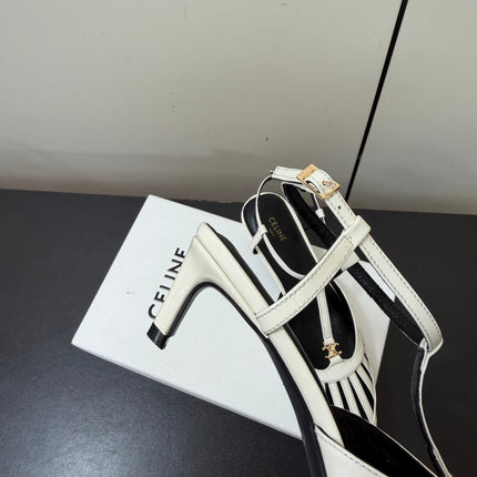 CELINE 26S TRIOMPHE T-STRAP SLINGBACK PUMPS IN WHITE PATENT CALFSKIN