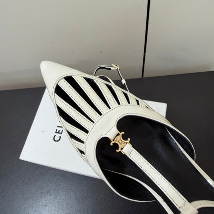 CELINE 26S TRIOMPHE T-STRAP SLINGBACK PUMPS IN WHITE PATENT CALFSKIN