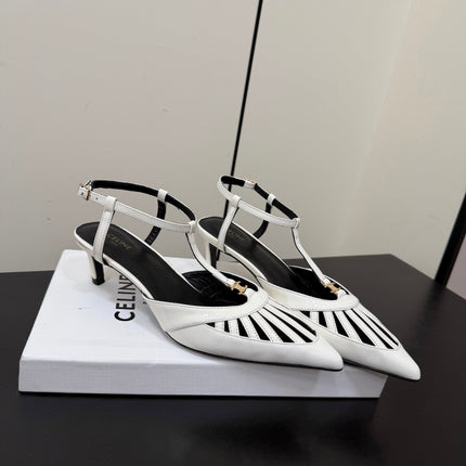 CELINE 26S TRIOMPHE T-STRAP SLINGBACK PUMPS IN WHITE PATENT CALFSKIN