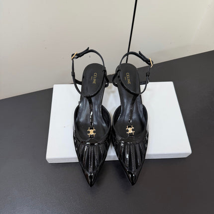 CELINE 26S TRIOMPHE T-STRAP SLINGBACK PUMPS IN BLACK PATENT CALFSKIN