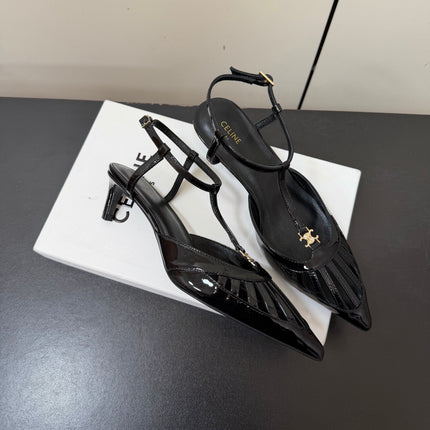 CELINE 26S TRIOMPHE T-STRAP SLINGBACK PUMPS IN BLACK PATENT CALFSKIN