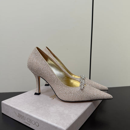 JIMMY CHOO 26S EMBELLISHED HIGH HEELS 90 MM IN CHAMPAGNE GOLD GLITTER