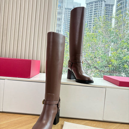 VALENTINO 25S HIGH-CUT SIGNATURE LOGO BOOTS 60 MM IN BROWN CALFSKIN WITH GOLD HARDWARE
