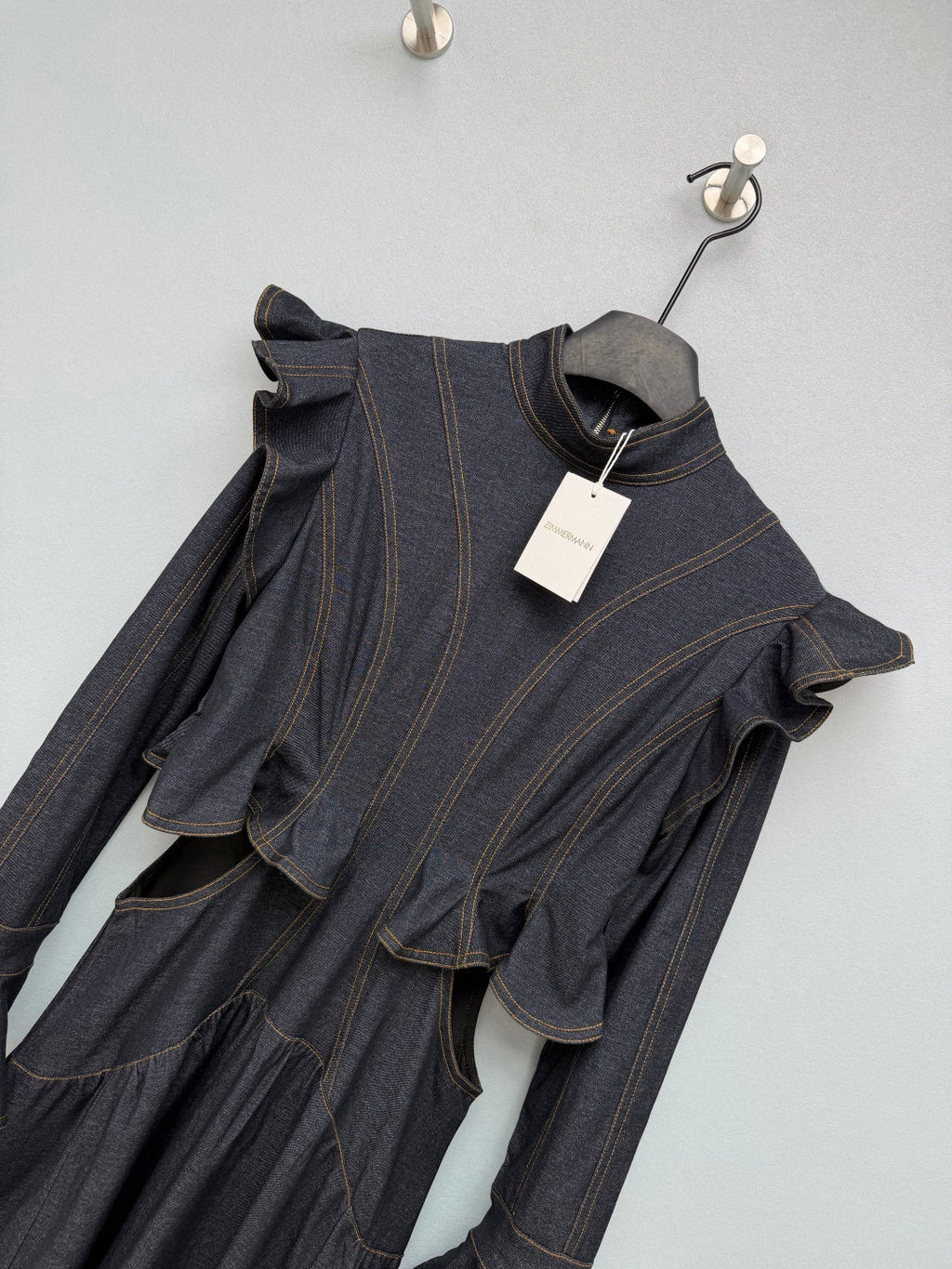 ZIMMERMANN 26S RUFFLED DENIM CUT-OUT MIDI DRESS STYLE 69