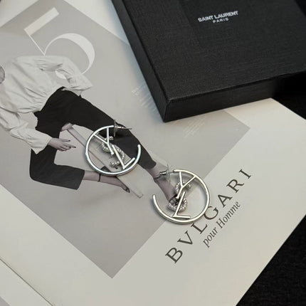 YSL 26S CRYSTAL LOGO HOOP EARRINGS IN SILVER TONE METAL 629137