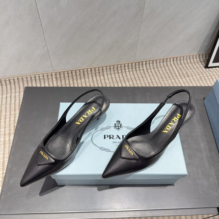 PRADA 26S POINTED TOE SLINGBACK HIGH HEELS 55MM IN BLACK SHEEPSKIN WITH LOGO