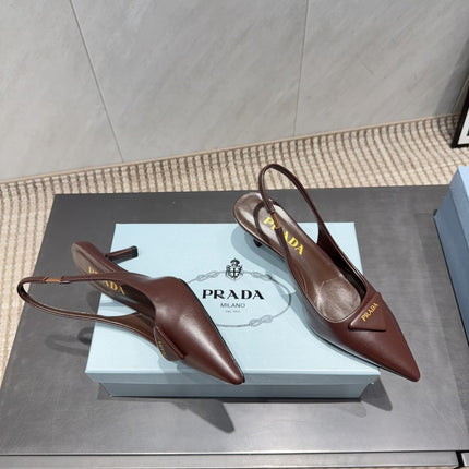 PRADA 26S POINTED TOE SLINGBACK HIGH HEELS 55MM IN DARK BROWN SHEEPSKIN WITH LOGO
