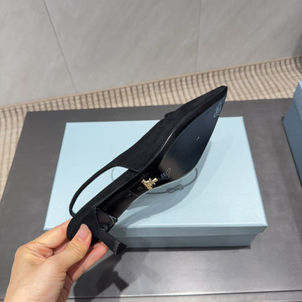 PRADA 26S POINTED TOE SLINGBACK HIGH HEELS 55MM IN BLACK SUEDE WITH LOGO