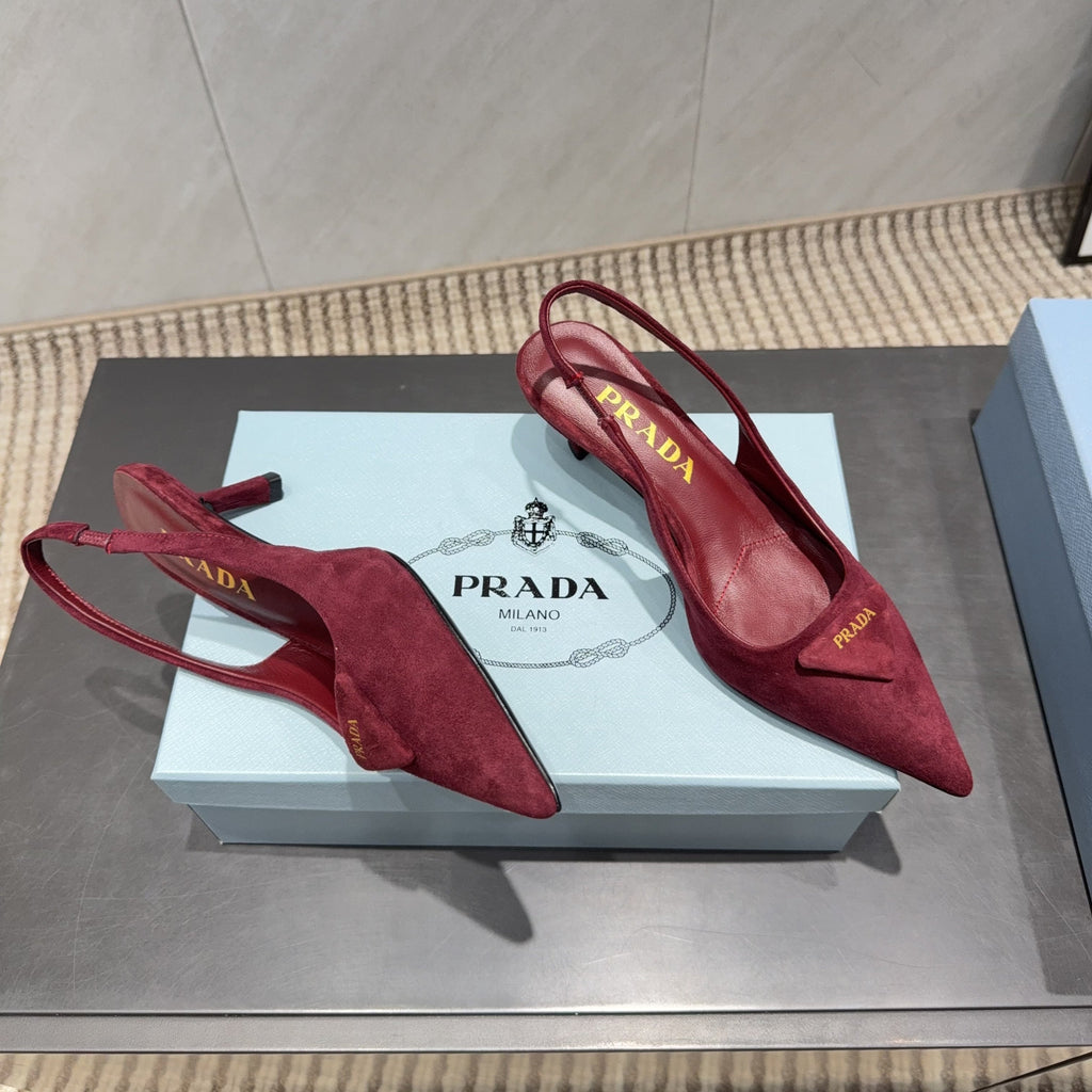 PRADA 26S POINTED TOE SLINGBACK HIGH HEELS 55MM IN DARK RED SUEDE WITH LOGO