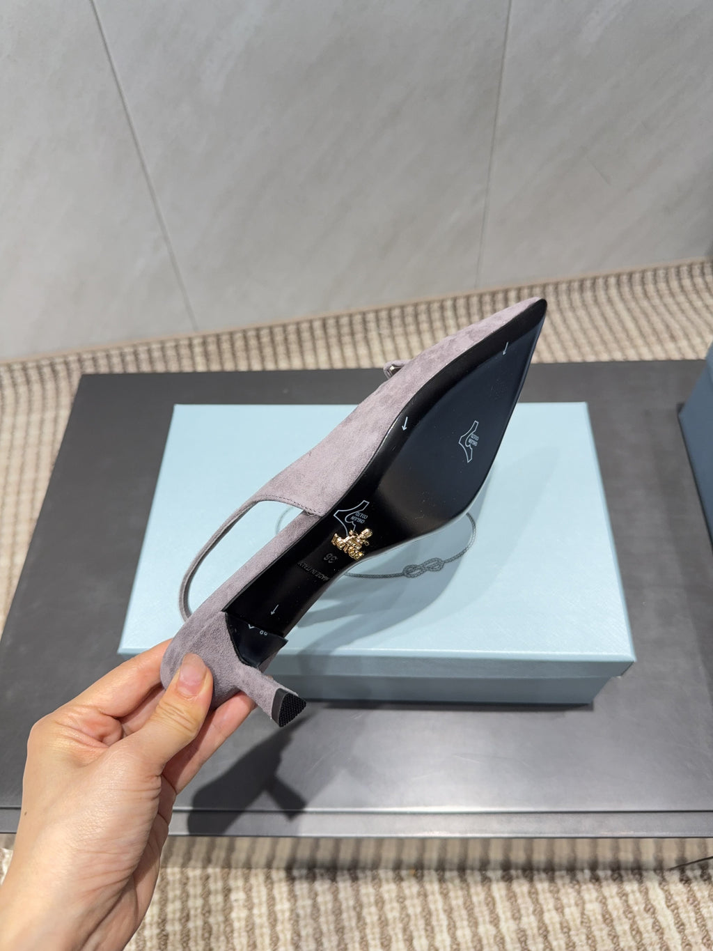 PRADA 26S POINTED TOE SLINGBACK HIGH HEELS 55MM IN TAUPE BROWN SUEDE WITH LOGO