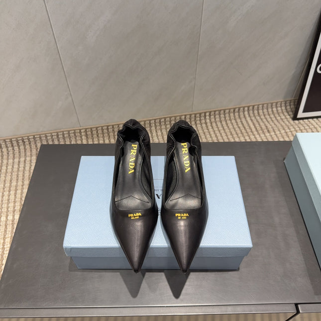 PRADA 26S POINTED TOE PUMPS 55MM IN BLACK SHEEPSKIN WITH LOGO