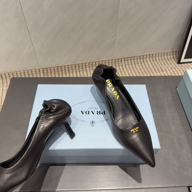 PRADA 26S POINTED TOE PUMPS 55MM IN BLACK SHEEPSKIN WITH LOGO