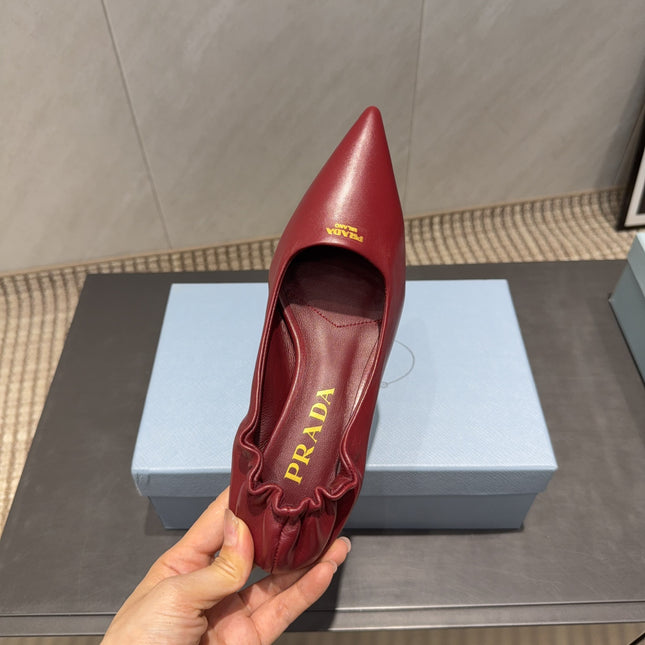 PRADA 26S POINTED TOE PUMPS 55MM IN DEEP WINE RED SHEEPSKIN